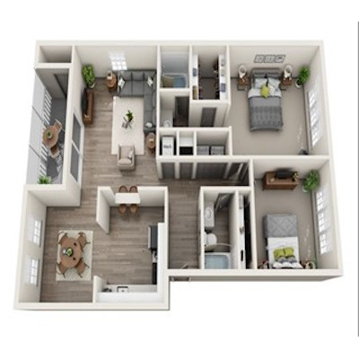 two bed two bath 1,280 square foot floor plan