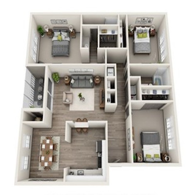 three bed two bath 1,525 square foot floor plan