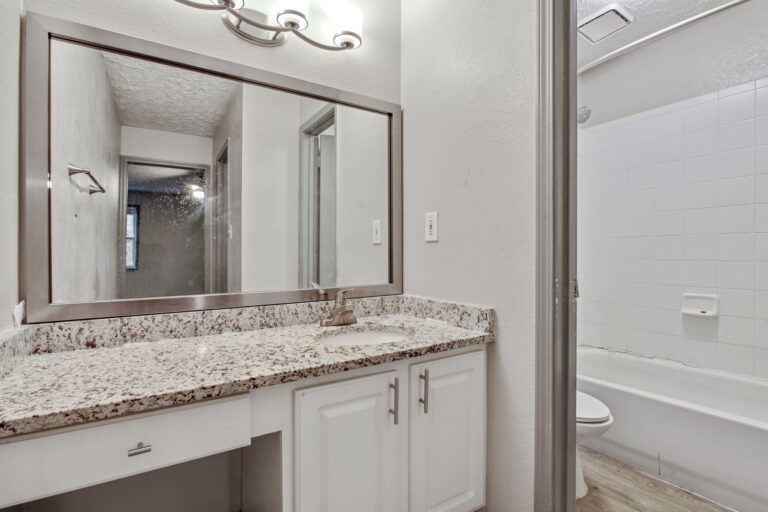 bathroom with granite countertop, white cabinetry and stainless steel appliances