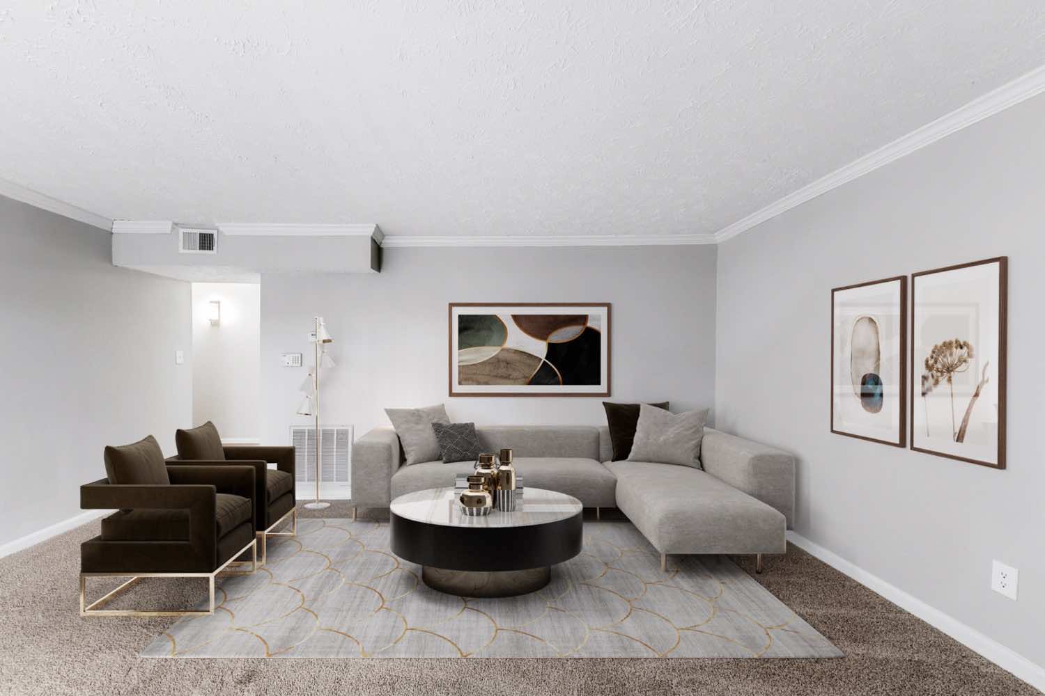 model living room with plush carpet