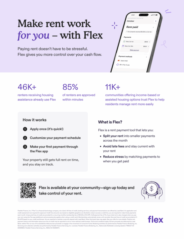 Get Flex purple flyer, a third-party that allows you to pay rent bi-monthly